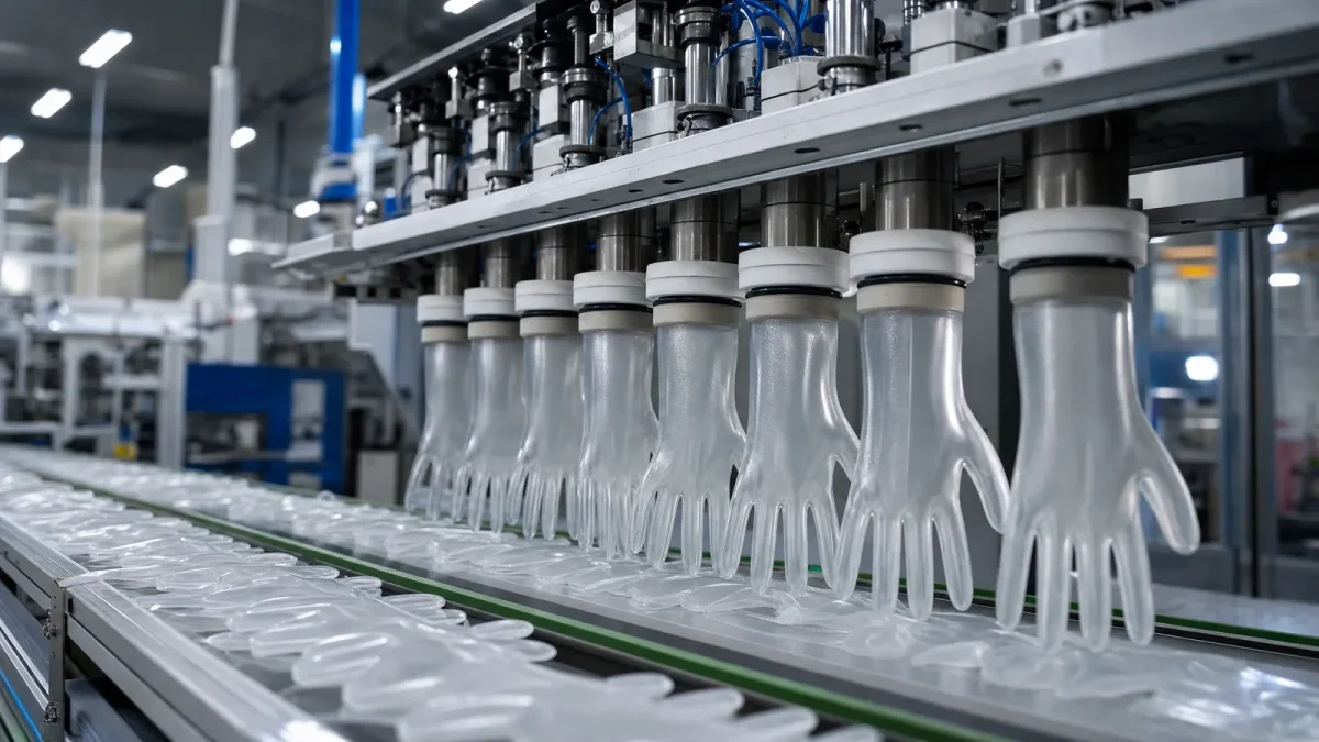 Automated production line manufacturing compostable disposable gloves in a clean factory workshop