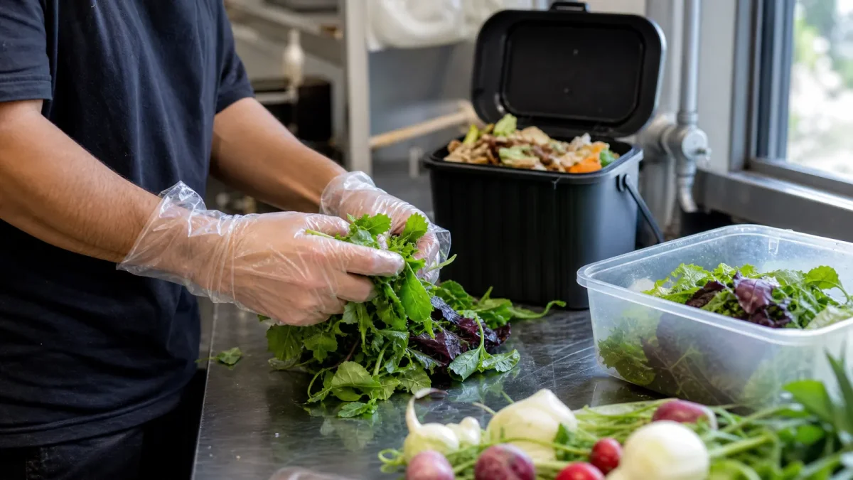 Worker wearing clear compostable disposable gloves handling fresh produce with a compost bin nearby