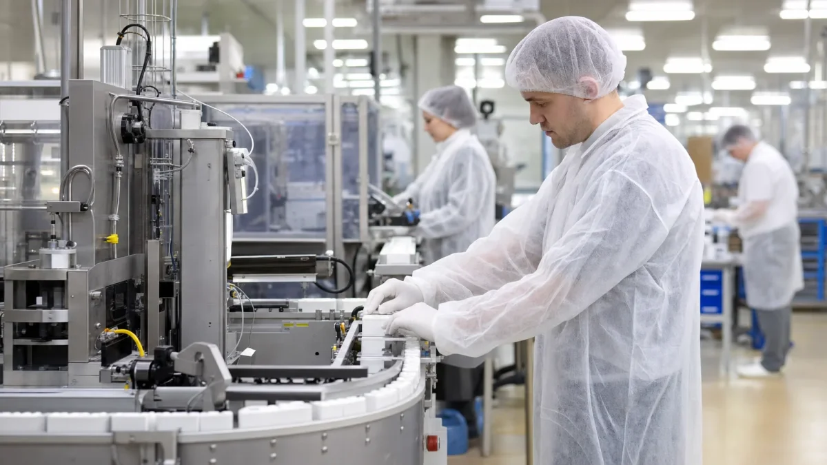 Workers in disposable gowns and gloves operating automated production machinery in a clean factory environment with quality inspection station