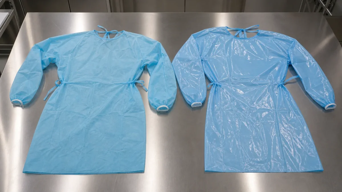 Disposable PE gown and CPE gown compared side by side, showing material texture and coverage differences for clean room environments