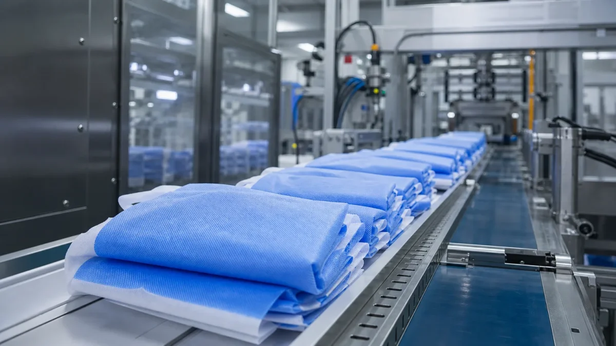 Folded disposable isolation gowns stacked on an automated production line in a clean factory