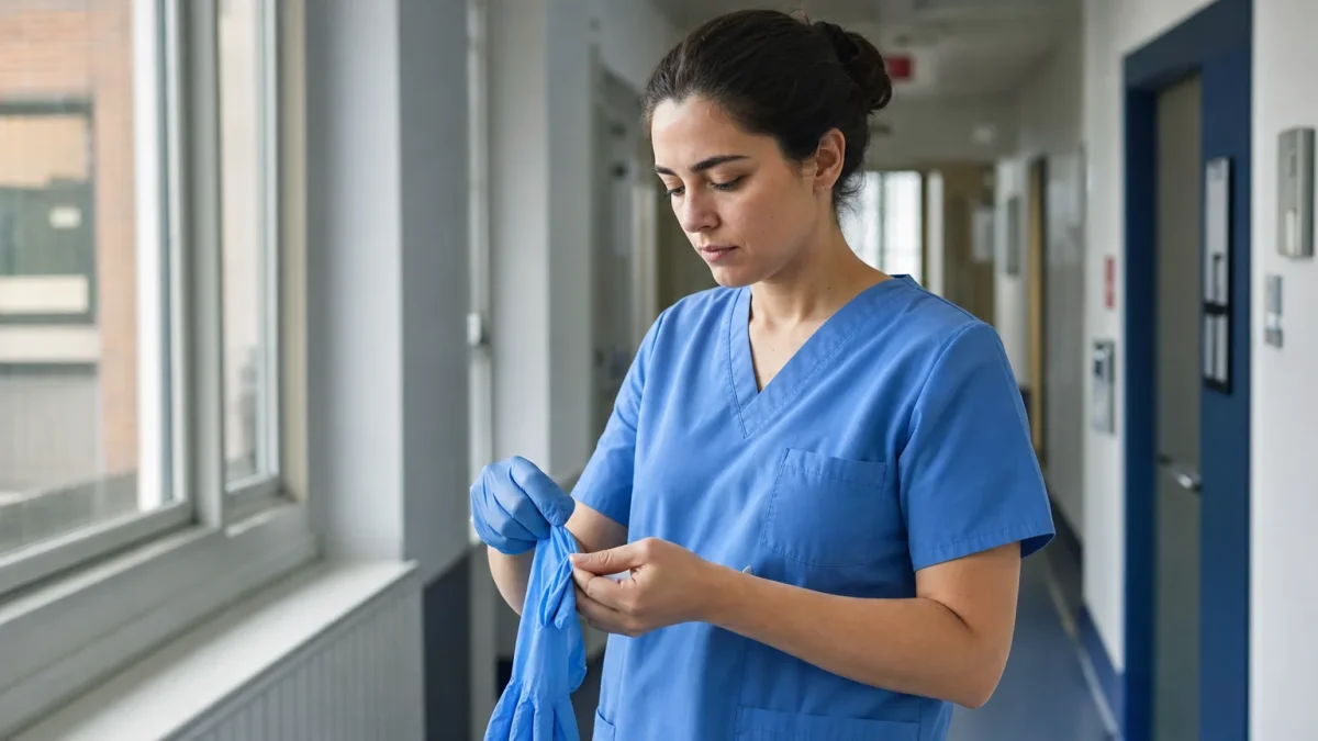 Healthcare worker carefully removing disposable gloves inside-out to prevent contamination transfer after a clinical task