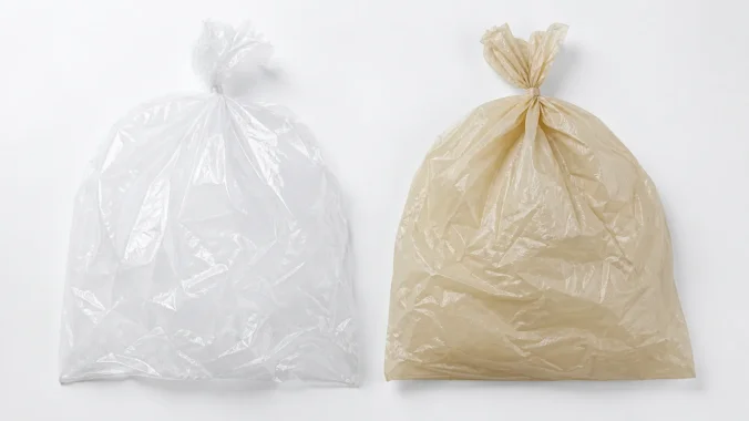 Compostable bioplastic bag and conventional plastic bag compared side by side on a white surface