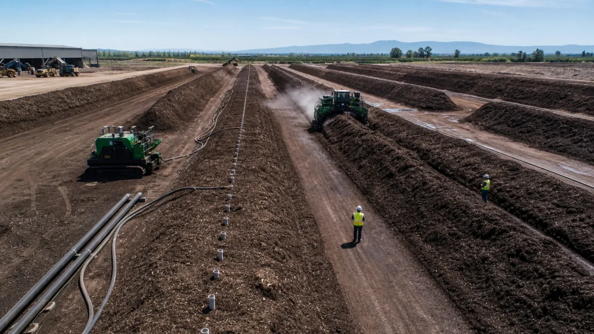 Industrial composting facility with large windrow piles processing compostable disposable products under controlled temperature conditions