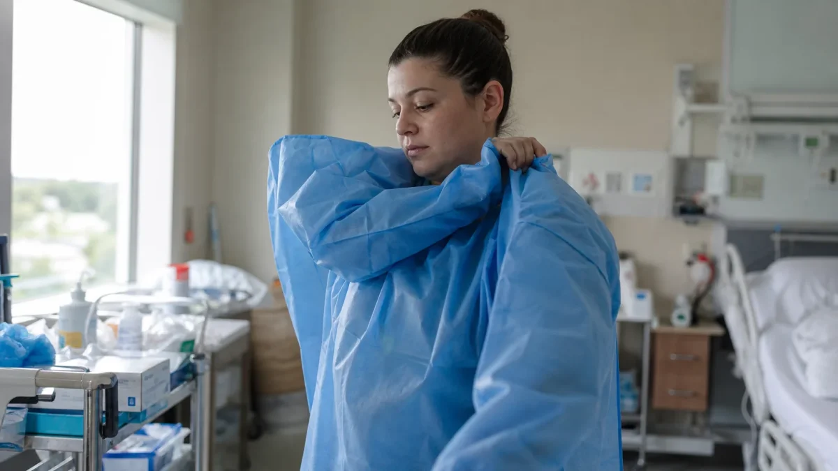 Healthcare worker donning a blue disposable isolation gown with elastic cuffs