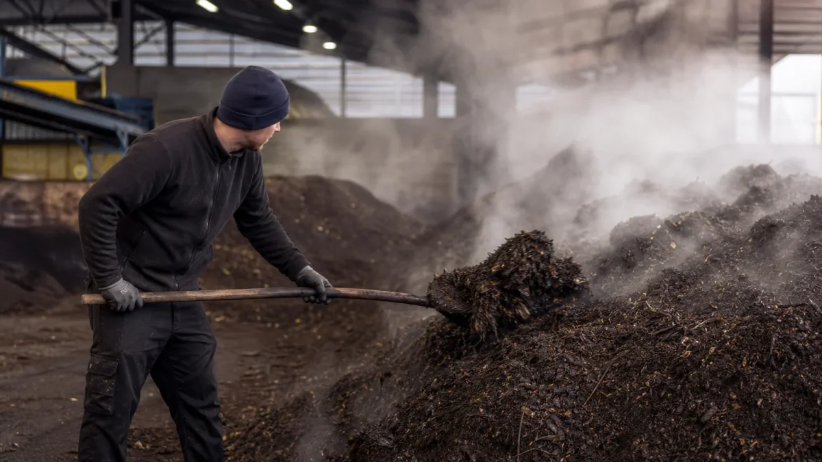 Industrial composting facility with steaming compost piles and a worker turning the pile
