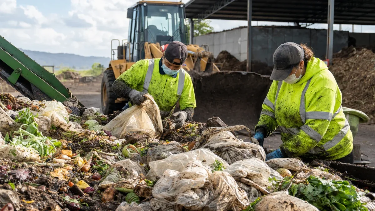 Industrial composting facility processing compostable bags with organic waste