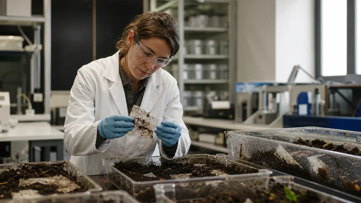 Scientist in laboratory examining compostable plastic film samples in a composting test environment with soil and organic matter under EN 13432 testing protocol