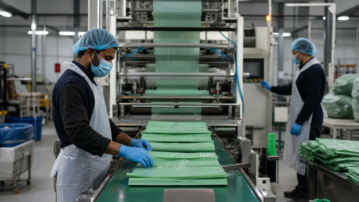 Modern plastics manufacturing facility with automated production lines producing biodegradable and compostable bags, clean factory floor with workers in protective equipment