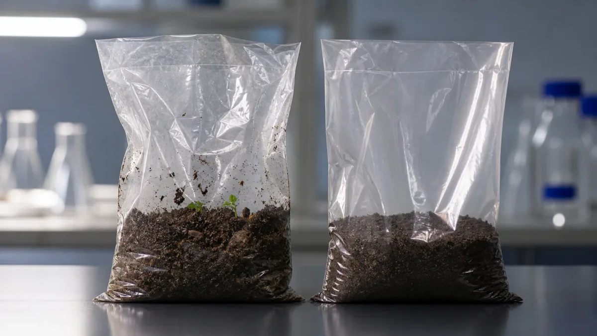 Side-by-side comparison of PLA bioplastic film and PE polyethylene film bags on a production table