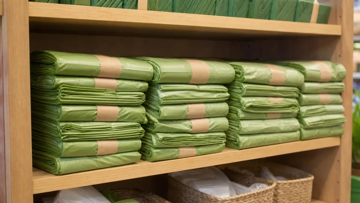 Compostable bags made from PLA bioplastic material displayed in a retail packaging context