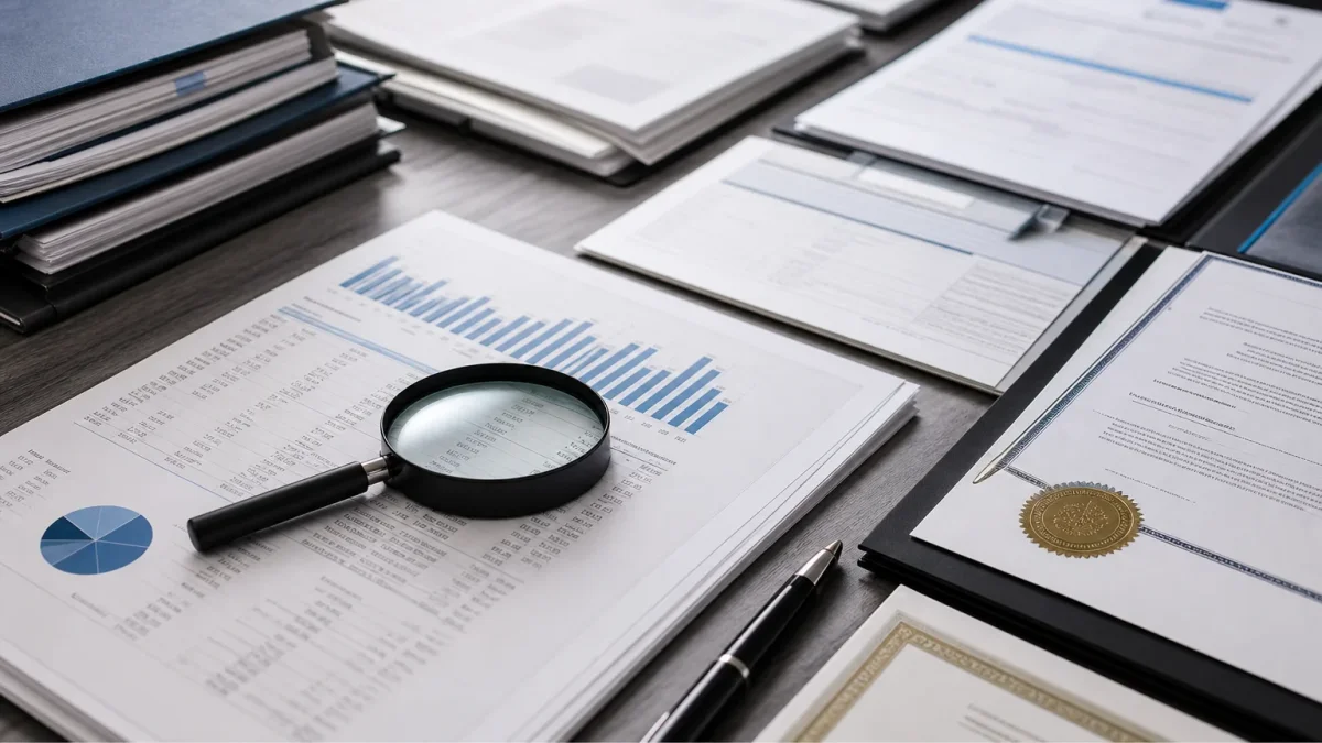 Compliance documents and third-party certification folders reviewed with a magnifying glass on a desk