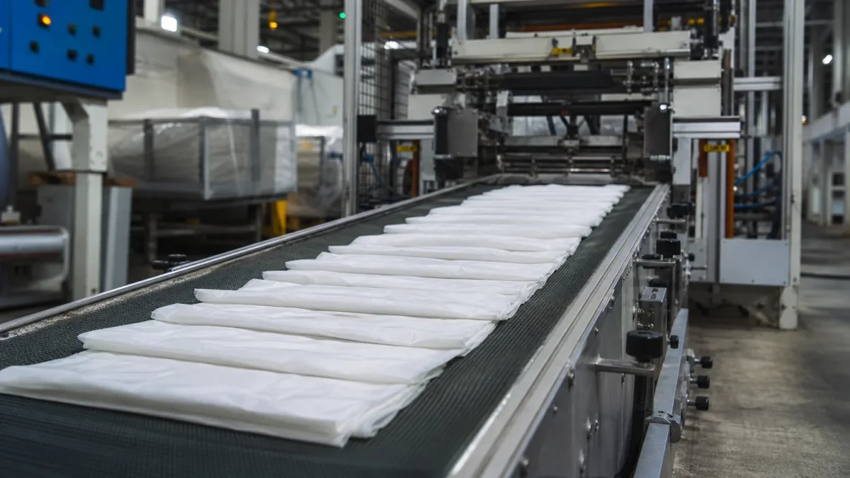 Compostable bags on an automated production line in a clean modern factory