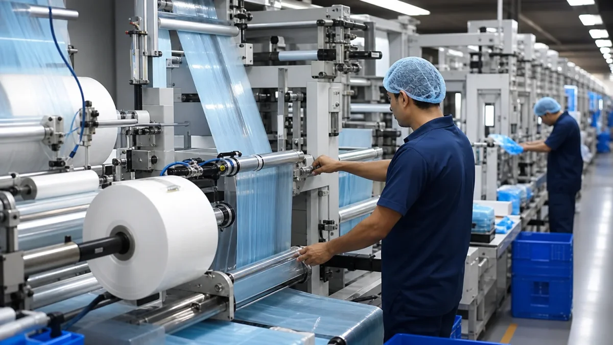 Automated disposable glove production line with film blowing and cutting machines in a clean factory