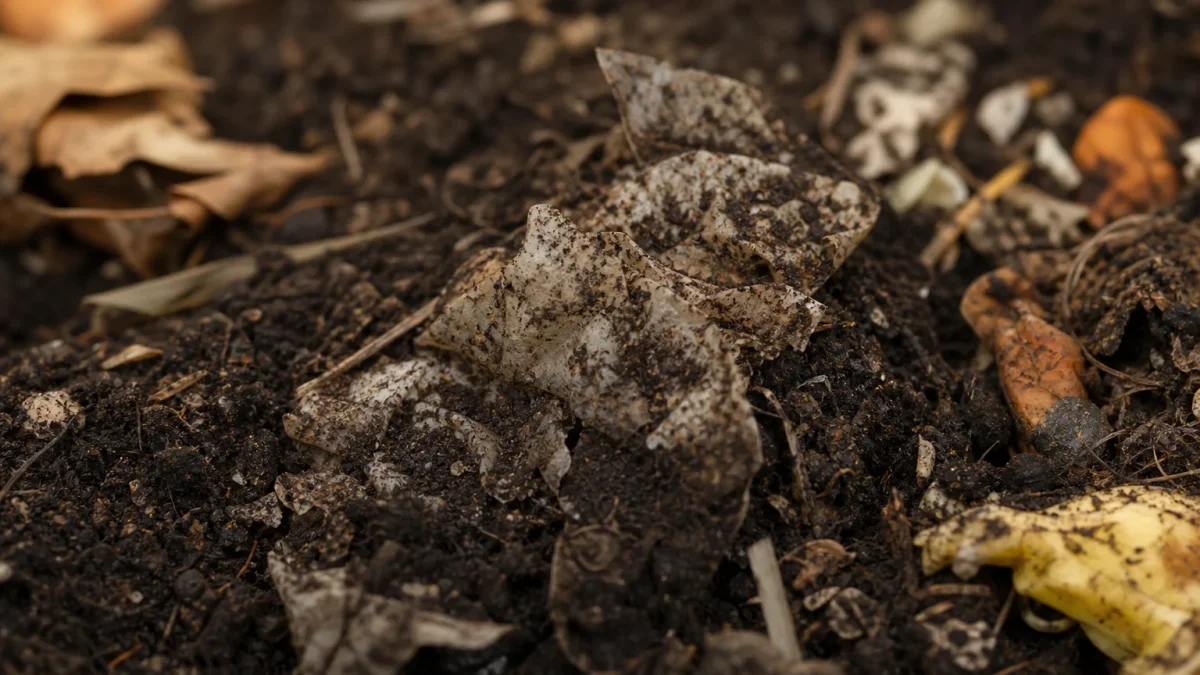 Compostable bags breaking down into dark soil in a composting environment
