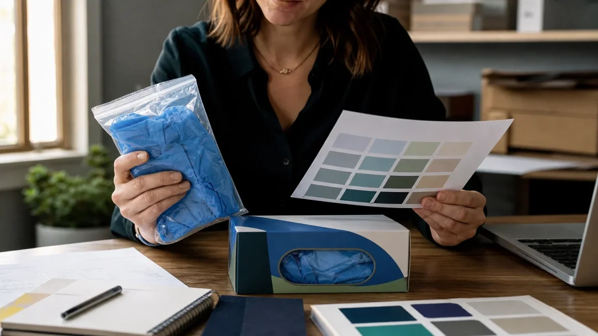 A buyer reviewing a sample pack of disposable gloves with a color swatch sheet next to a finished private label retail box