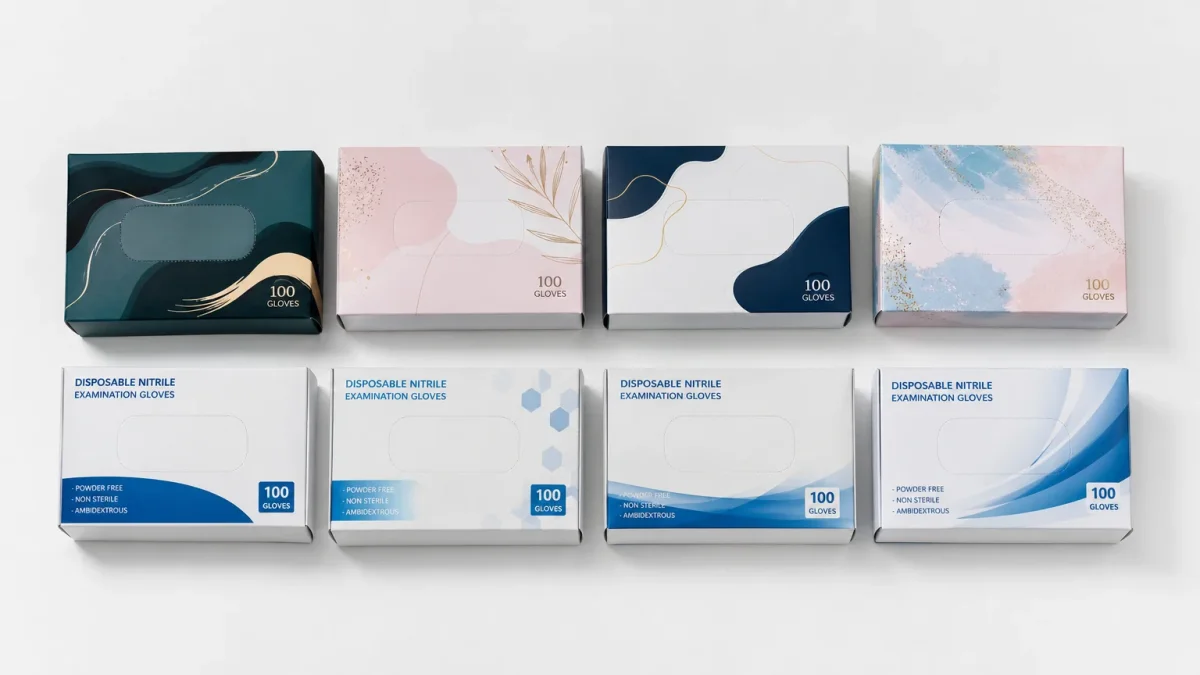 OEM custom-branded disposable glove boxes compared with ODM standard packaging formats side by side