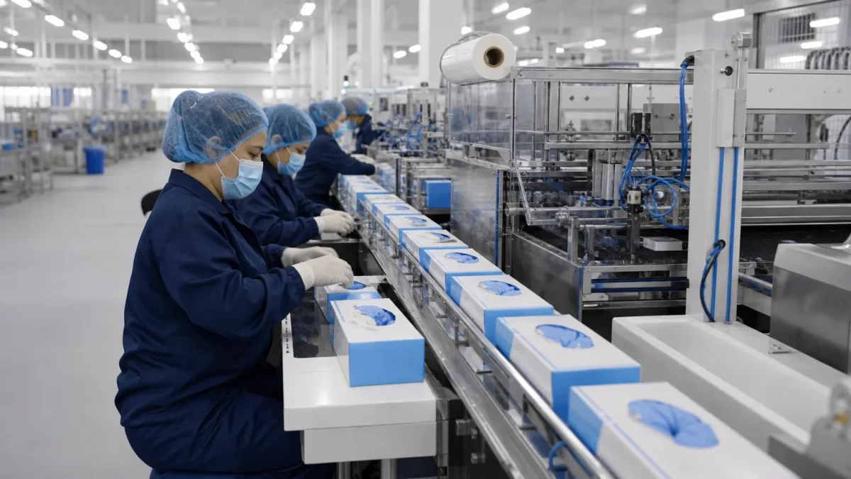 Worldchamp disposable gloves production line with automated packaging in a clean factory facility