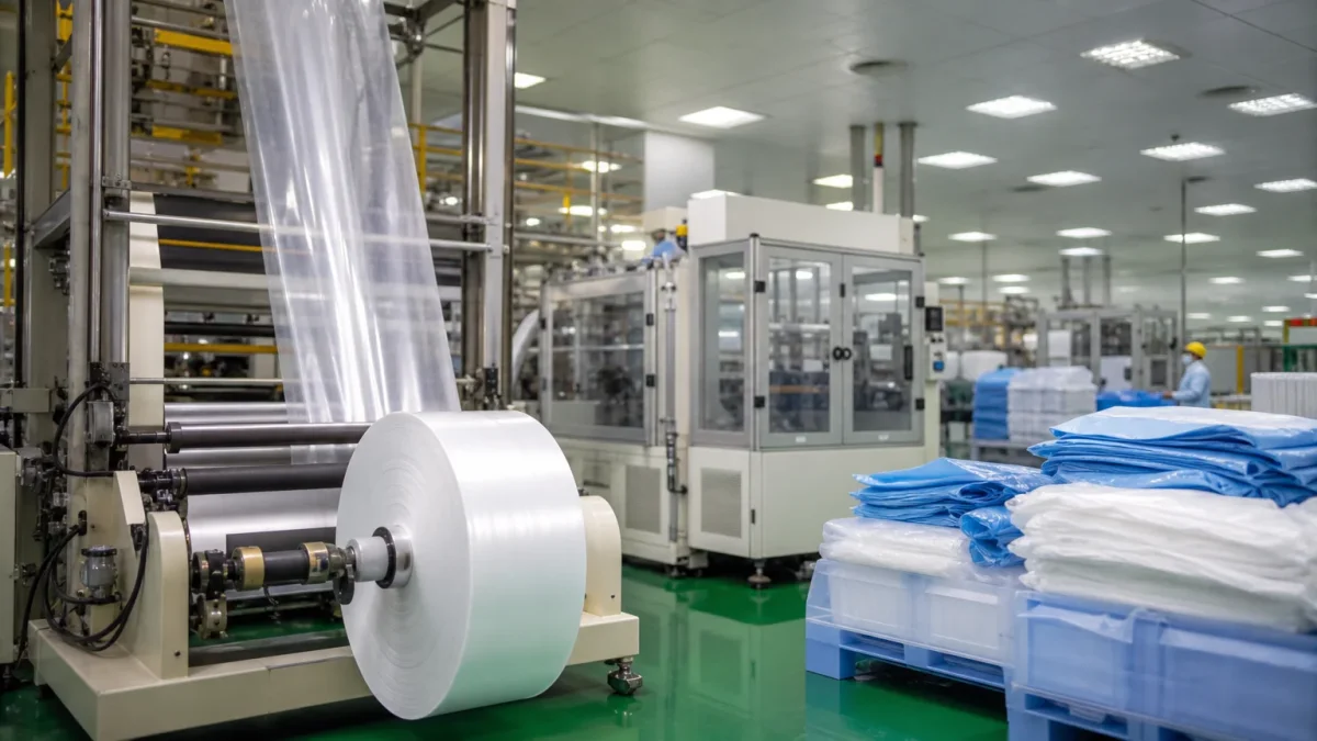 Automated film-blowing and glove-forming machines on a clean factory floor producing disposable gloves and aprons