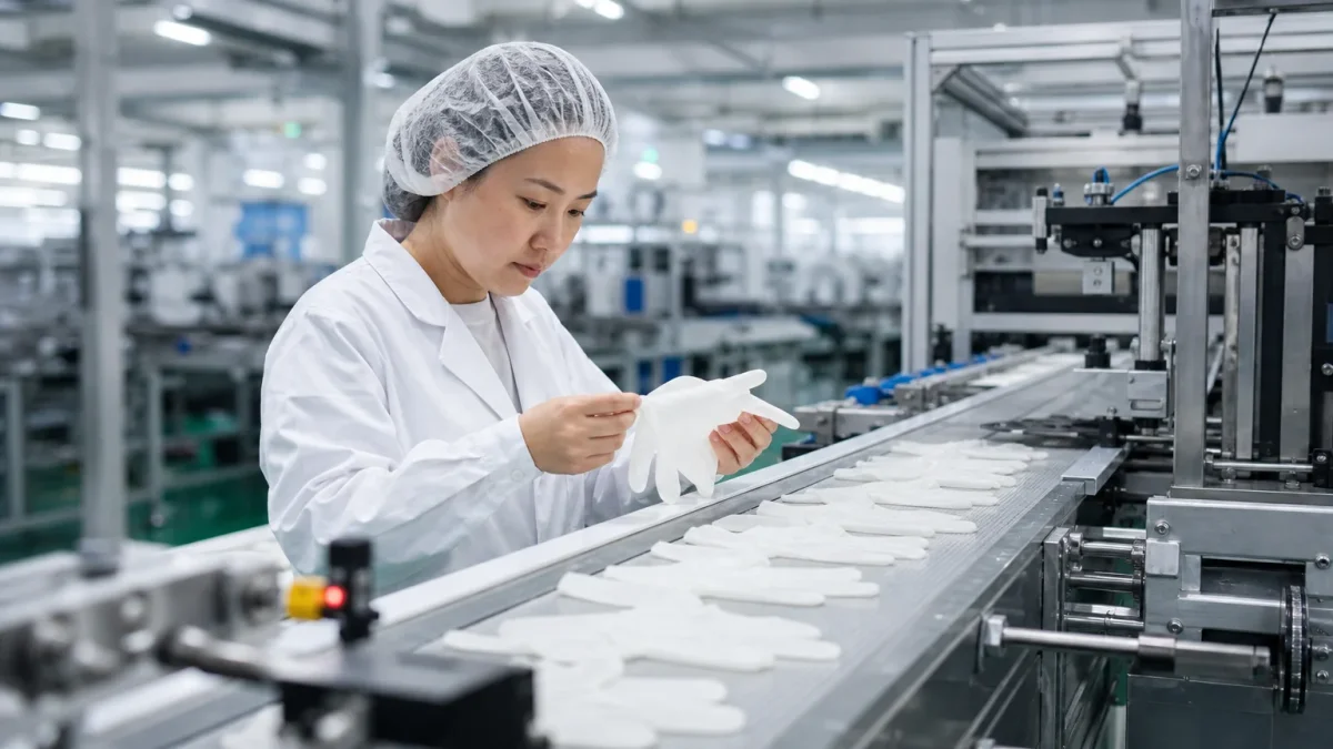 Quality inspector examining disposable PE gloves on an automated production line inside a clean factory