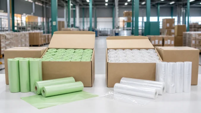 Compostable and plastic packaging rolls arranged with export cartons for freight comparison