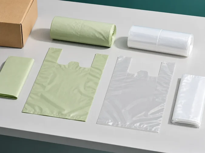 Matching compostable and polyethylene bag samples compared by construction and pack format