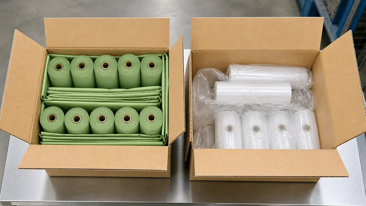 Bag rolls arranged in export cartons to compare packing density and unused shipping volume