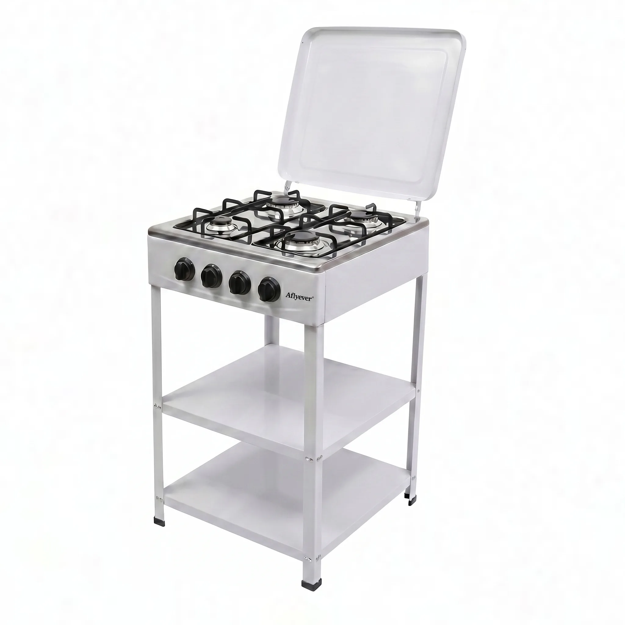 Four-Burner Camping Gas Stove with Storage Shelves - White