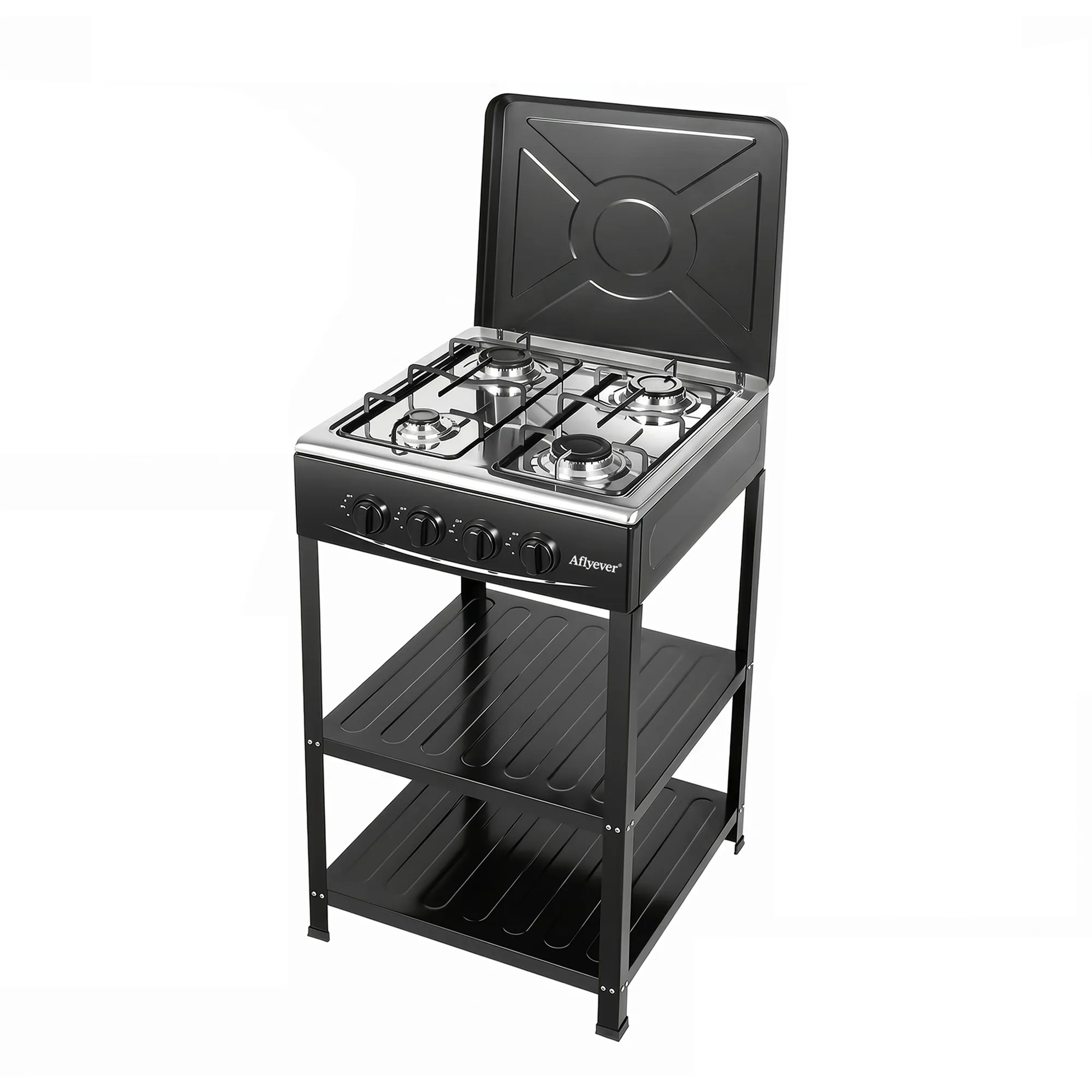 Four-Burner Camping Gas Stove with Storage Shelves - Black