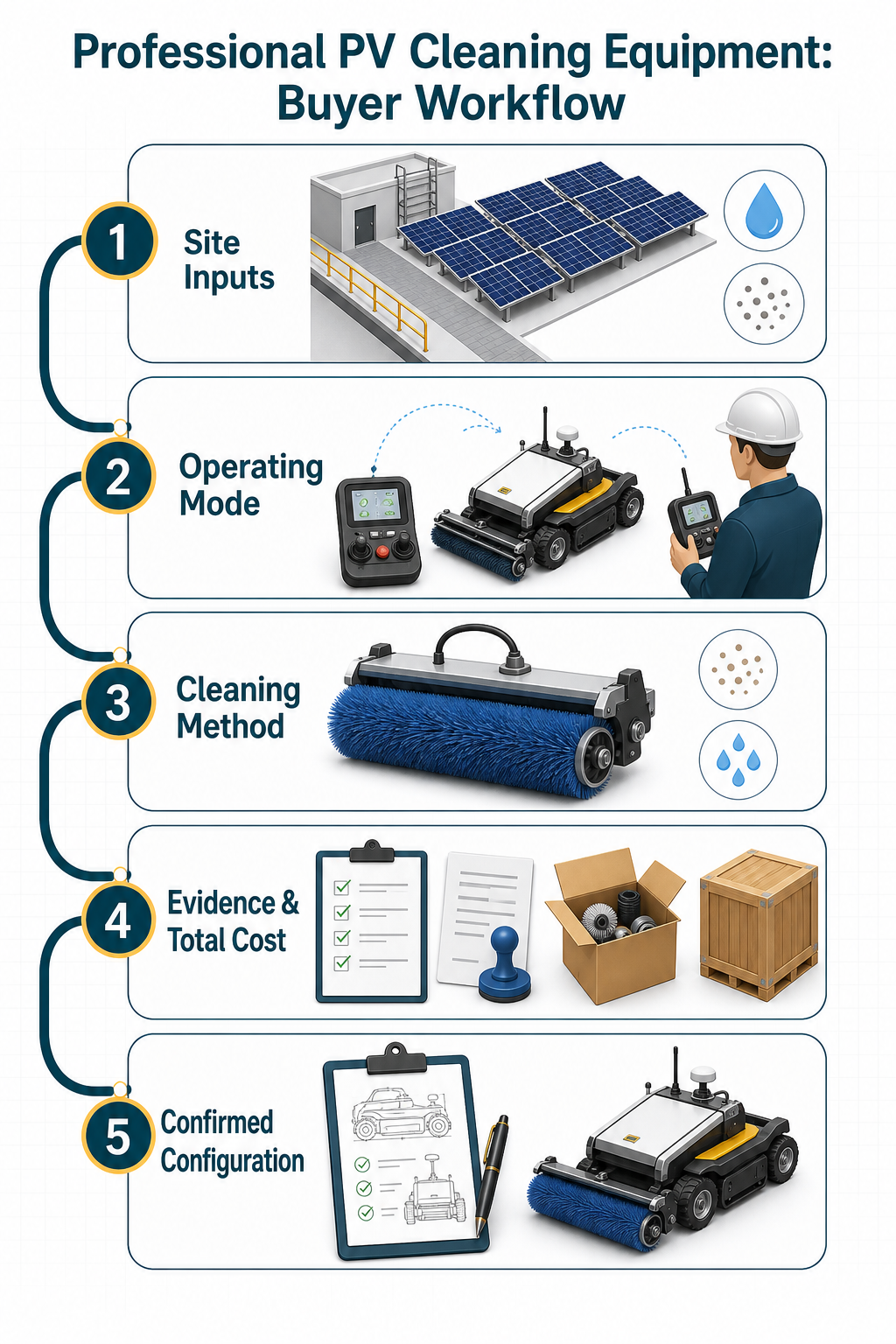 Five-step buyer workflow for professional PV cleaning equipment: site inputs, operating mode, cleaning method, evidence and total cost, then confirmed configuration.