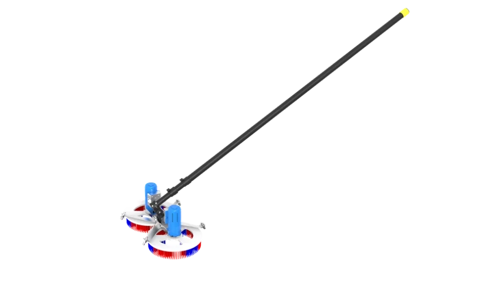 Handheld disc brush PV cleaner with telescopic pole and adjustable angle, flexible & efficient.