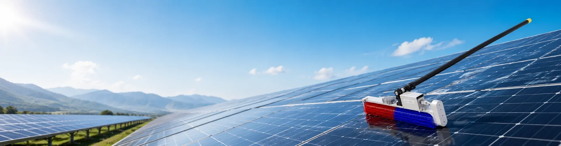 Lightweight handheld roller-brush cleaner, telescopic pole & adjustable angle for PV panels.