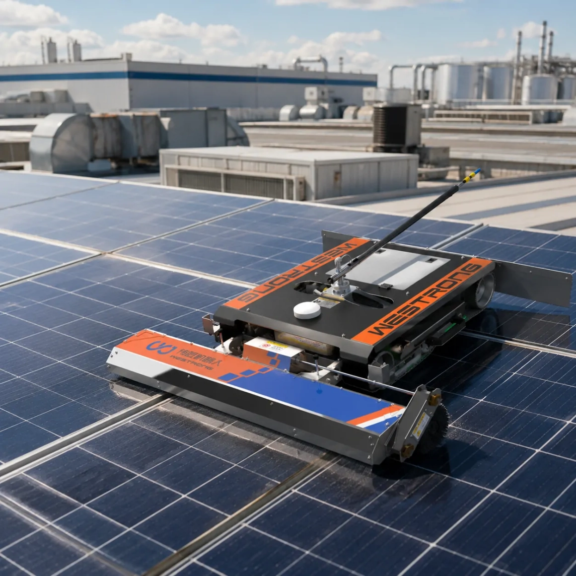 Solar cleaning equipment operating around obstacles on an industrial rooftop