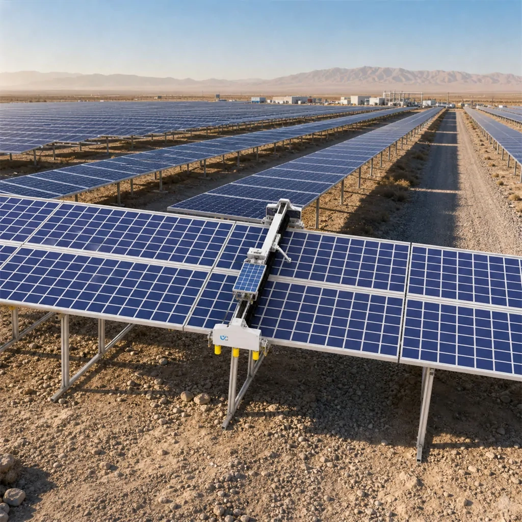 Solar panel cleaning equipment at a utility-scale ground-mounted PV plant