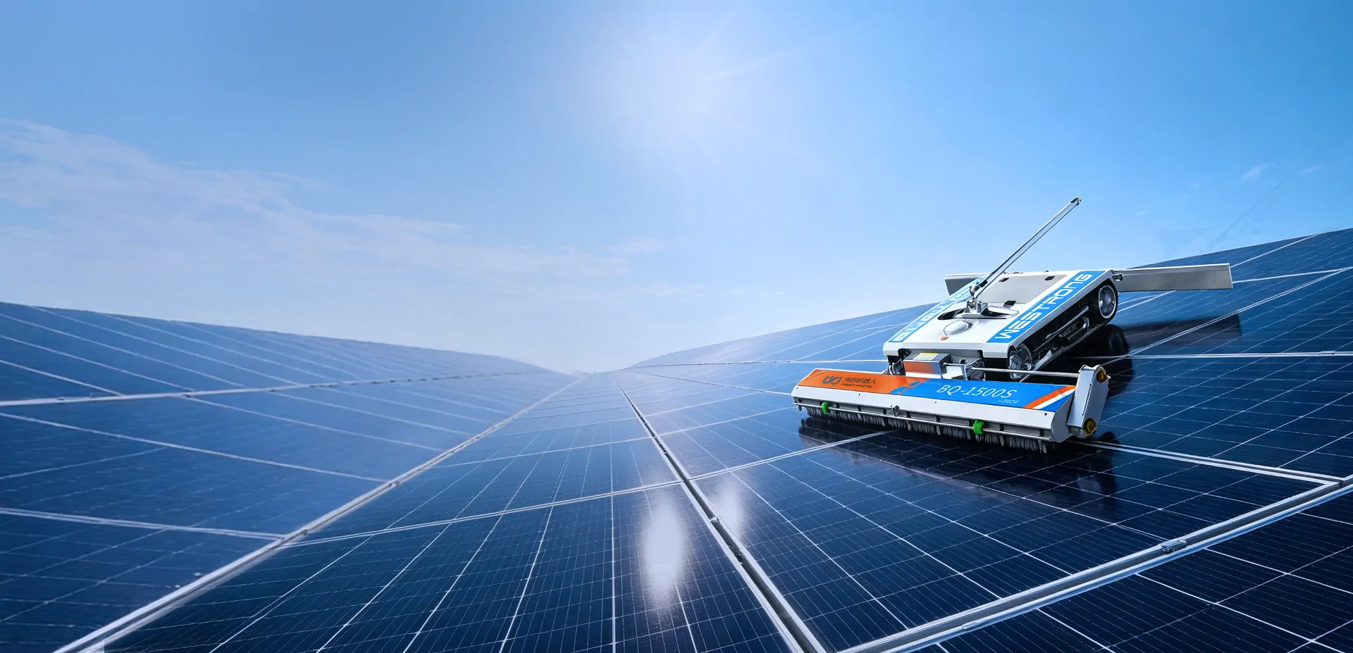 Westrong solar panel cleaning robot operating on a commercial rooftop PV array