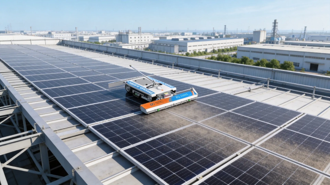 Solar panel cleaning equipment on a commercial rooftop PV array