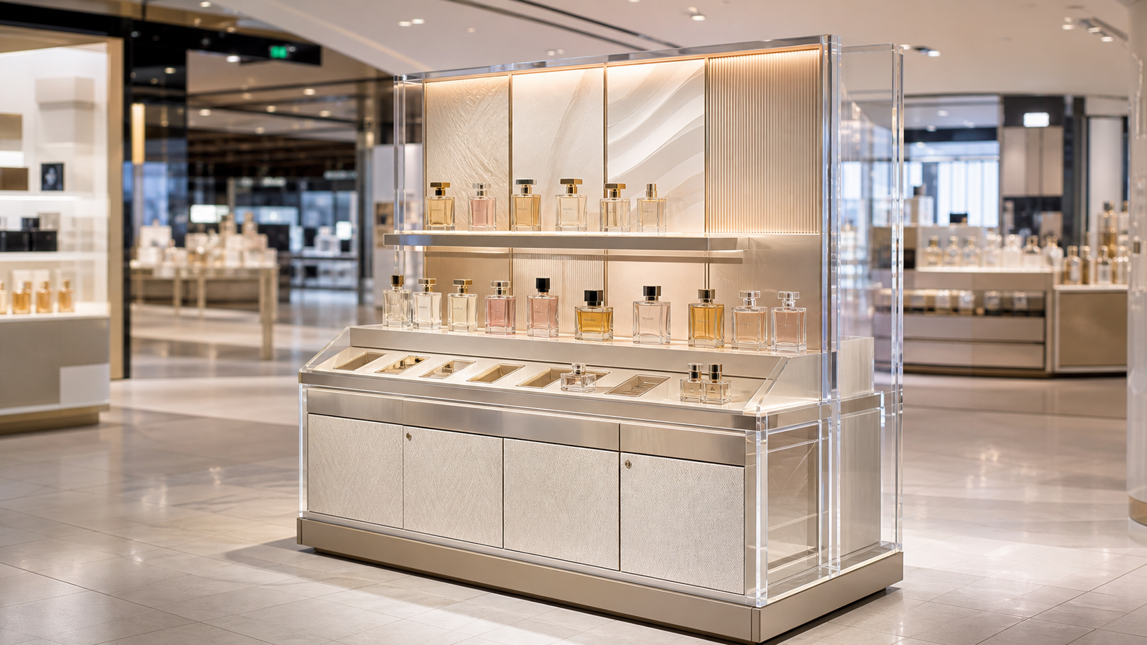 Duty free POS display for perfume with tester, hero-product, and secure-stock zones