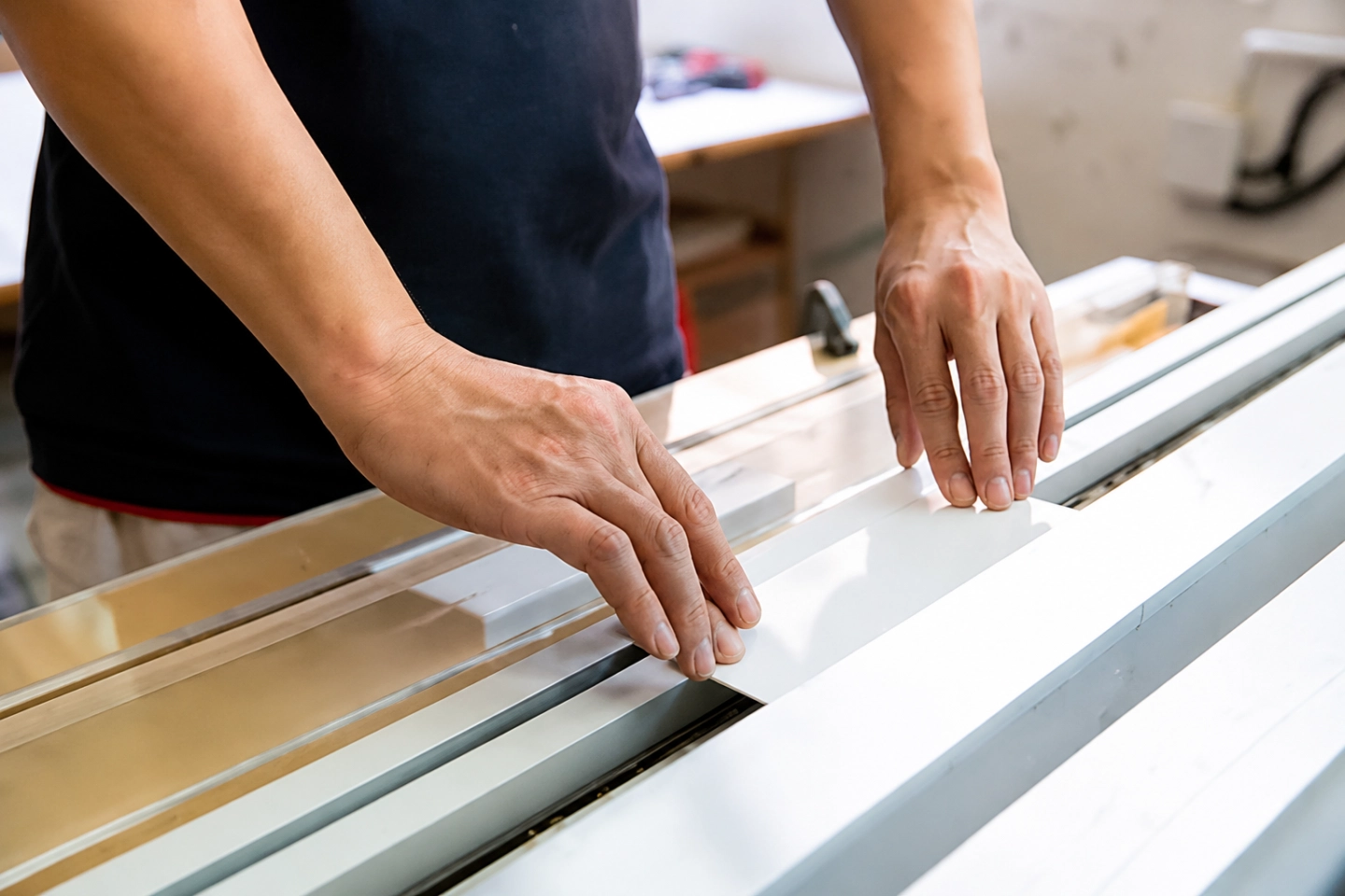 Heavy duty industrial equipment cutting clear acrylic sheets in workshop