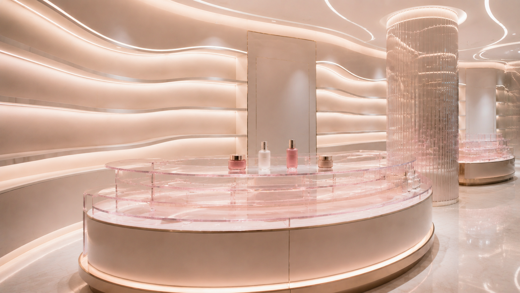 Luxury department store cosmetic counter and custom retail display fixtures