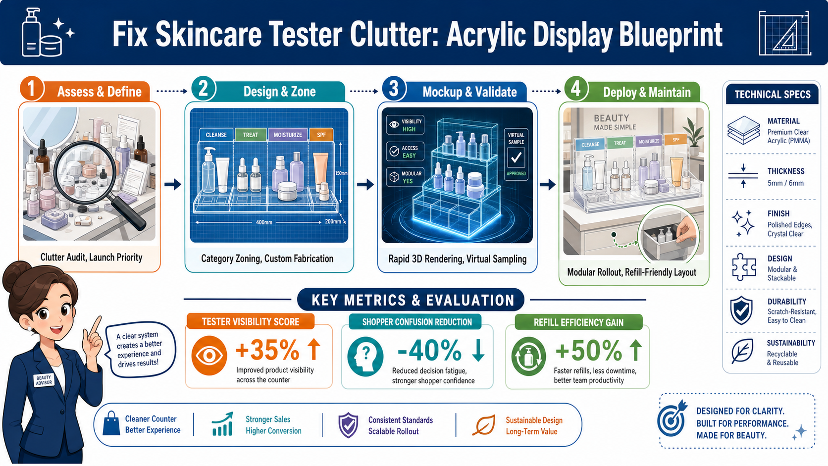 Fix Skincare Tester Clutter in Beauty Counters: Acrylic Display Blueprint
