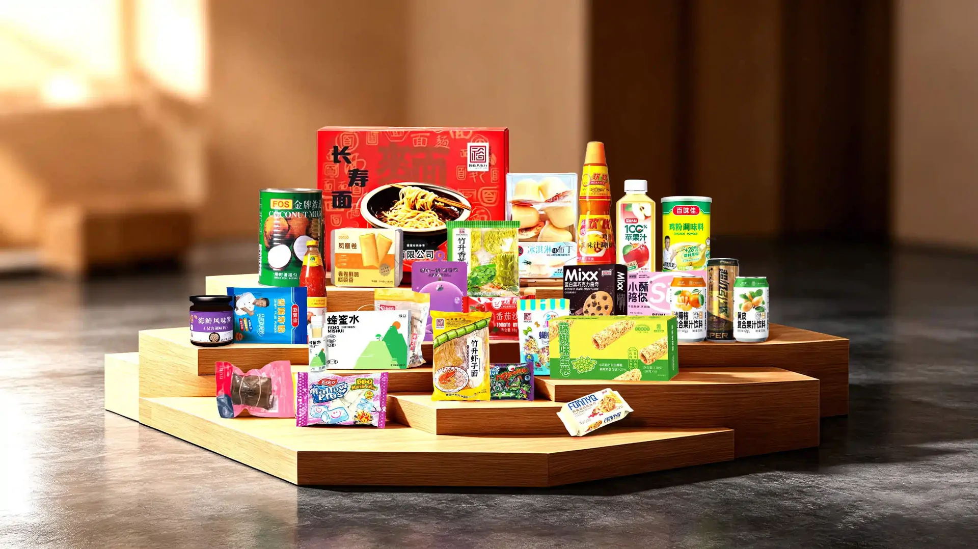 Assorted Chinese snacks, noodles, beverages, condiments and candy for mixed-container wholesale
