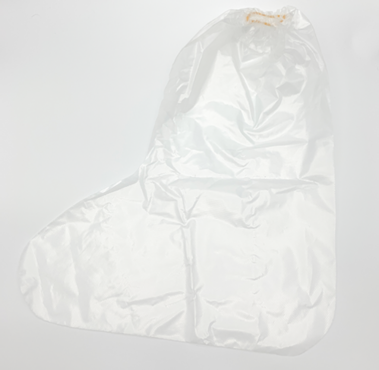 Transparent disposable PE boot cover showing the enclosed foot shape thumbnail