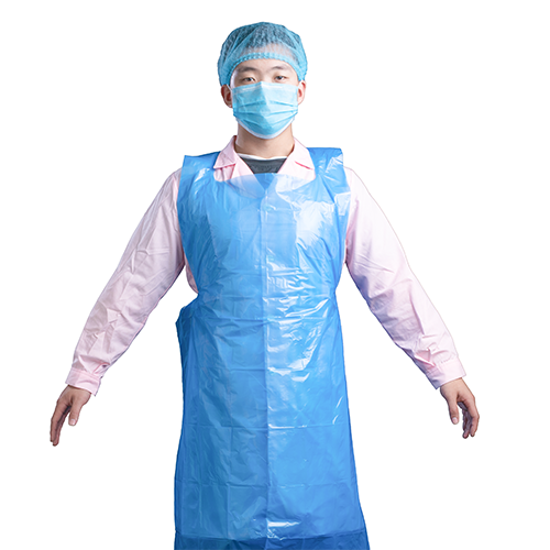 Blue disposable PE apron shown from the front on a wearer thumbnail