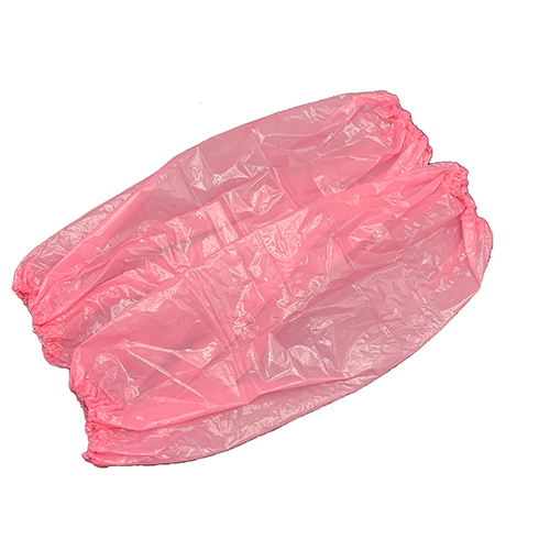 Pink disposable PE arm cover showing its loose cylindrical shape thumbnail
