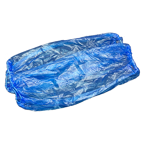 Blue PE sleeve cover with gathered elastic wrist and upper-arm openings