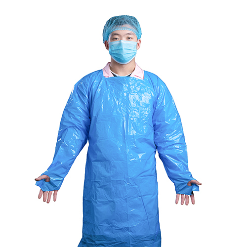Blue disposable isolation gown with long sleeves and full front coverage thumbnail