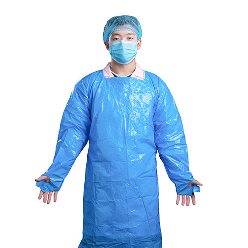 Blue disposable isolation gown with long sleeves and full front coverage