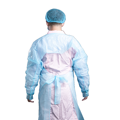 Disposable CPE gown back view showing open-back construction and waist ties thumbnail