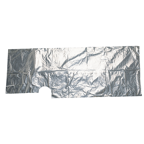 Silver disposable PE hairdressing cape laid flat