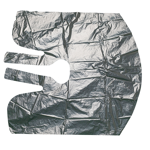 Black PE salon cape with shaped neck opening and integrated ties thumbnail